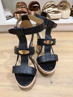 Michael Kors Black Leather Espadrille Wedge Sandals with Gold Plaque